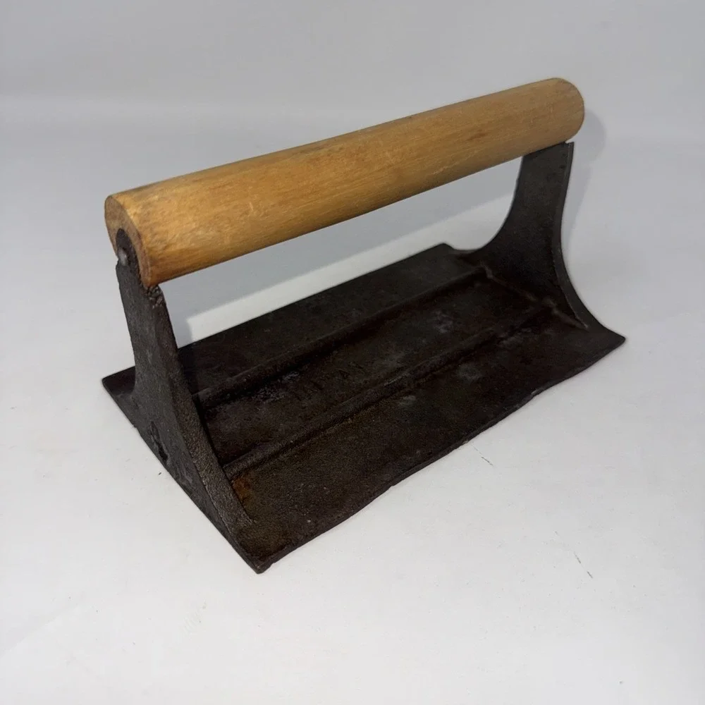 Vintage Cast Iron Bacon Press Wood Handle Embossed Pig 7X4 Inch Residue Areas